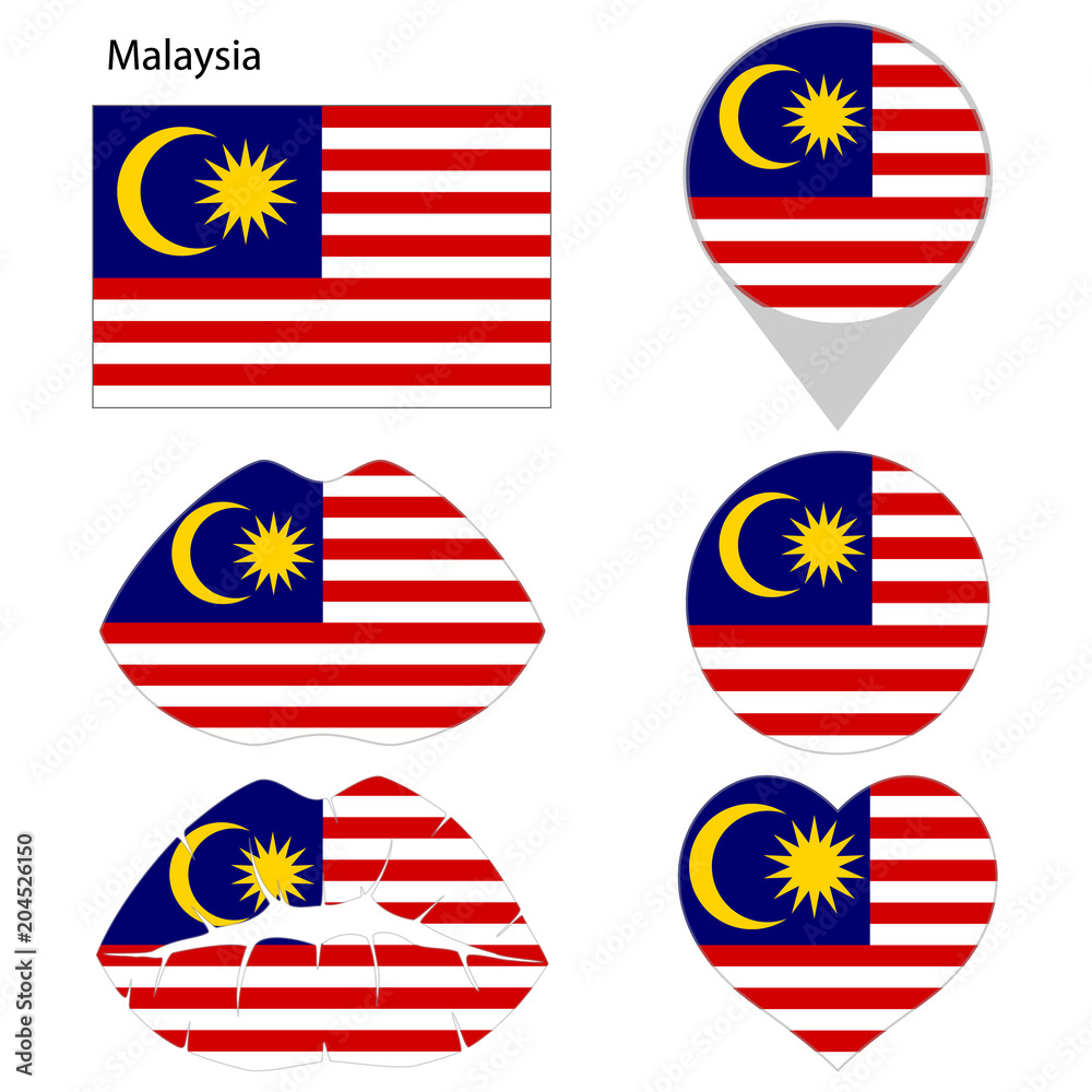 Flag of Malaysia, set. Correct proportions, lips, imprint of kiss, map pointer, heart, icon. Abstract concept. Vector illustration on white background. Flag of Malaysia, set. Correct proportions, lips, imprint of kiss, map pointer, heart, icon. Abstract concept. Vector illustration on white background.