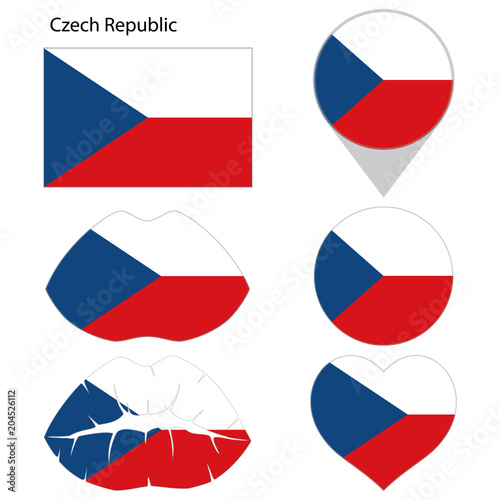 Flag of Czech Republic, set. Correct proportions, lips, imprint of kiss, map pointer, heart, icon. Abstract concept. Vector illustration on white background.
