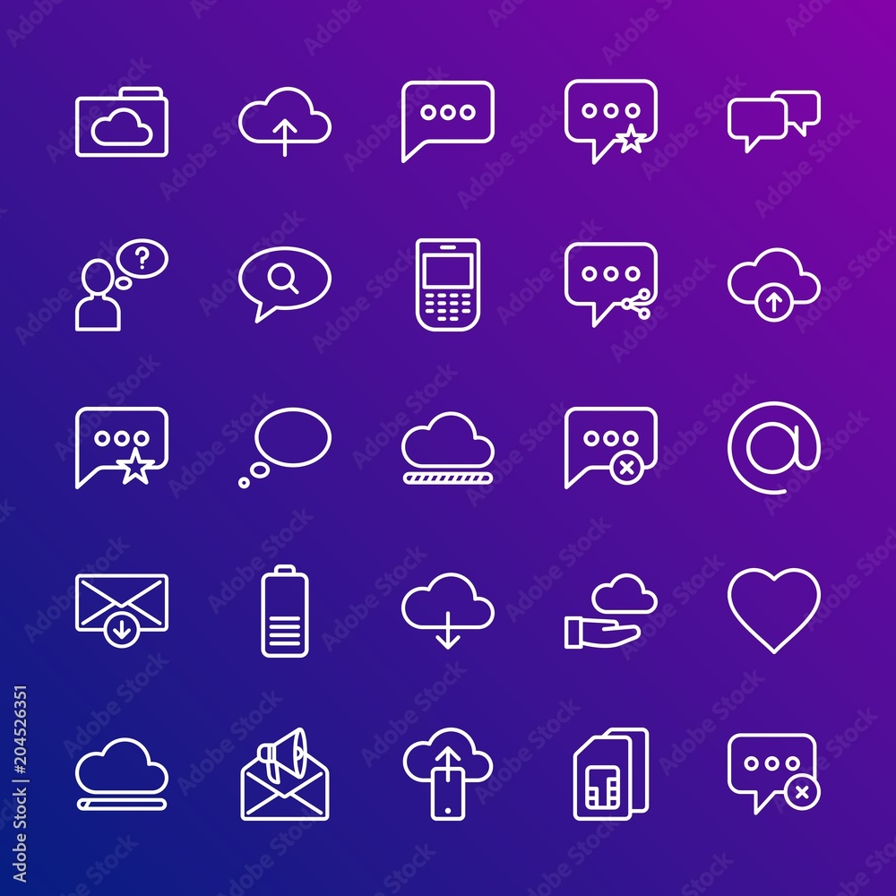 Modern Simple Set of cloud and networking, chat and messenger, mobile, email Vector outline Icons. Contains such Icons as question, sms and more on gradient background. Fully Editable. Pixel Perfect. Modern Simple Set of cloud and networking, chat and messenger, mobile, email Vector outline Icons. Contains such Icons as question, sms and more on gradient background. Fully Editable. Pixel Perfect.