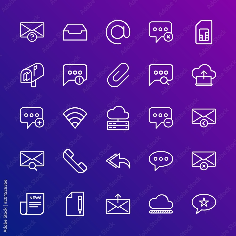 Modern Simple Set of cloud and networking, chat and messenger, mobile, email Vector outline Icons. Contains such Icons as failure, mail and more on gradient background. Fully Editable. Pixel Perfect. Modern Simple Set of cloud and networking, chat and messenger, mobile, email Vector outline Icons. Contains such Icons as failure, mail and more on gradient background. Fully Editable. Pixel Perfect.