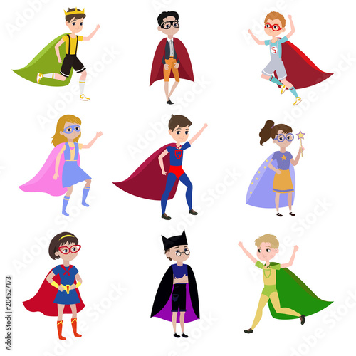 The boys is dressed in the clothes of various super heroes
