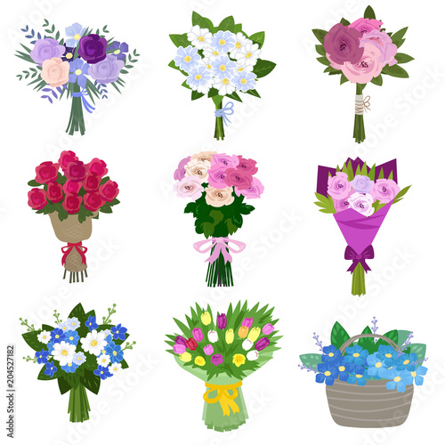 Beautifully assembled bouquets of spring flowers under the ribbon and in a basket