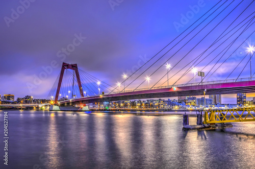 Early morning view of Willemsbridge across the river Nieuwe Maas in Rotterdam, The Netherlands