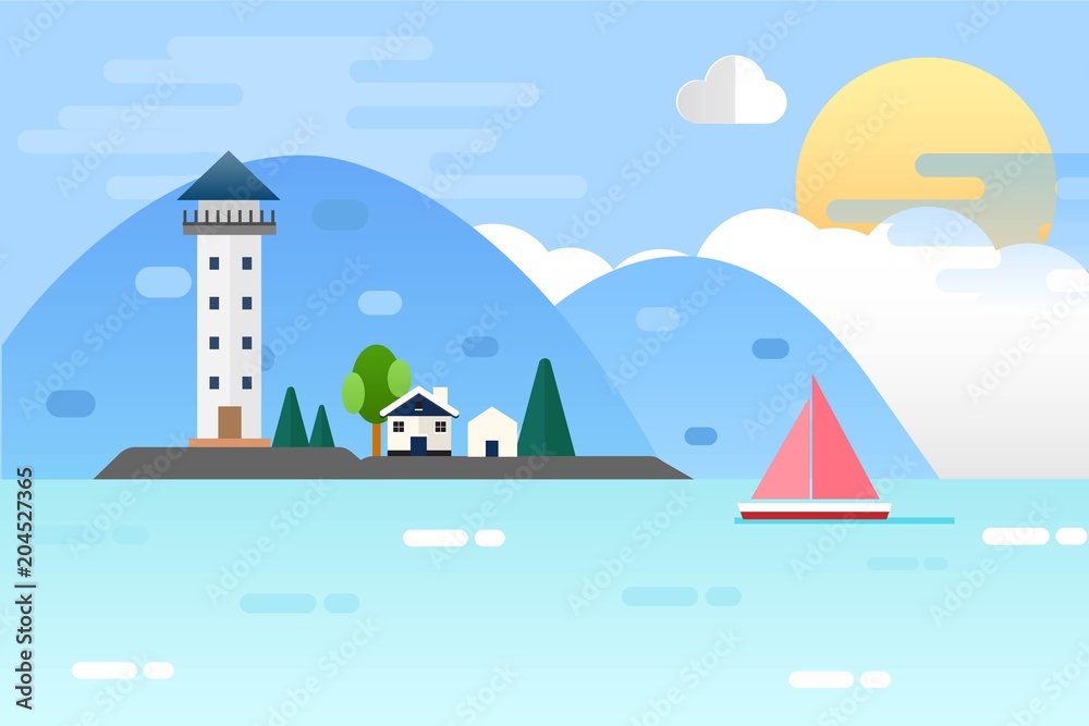 Light house and Nature Sea Landscape. Vector Illustration Flat Design Background
