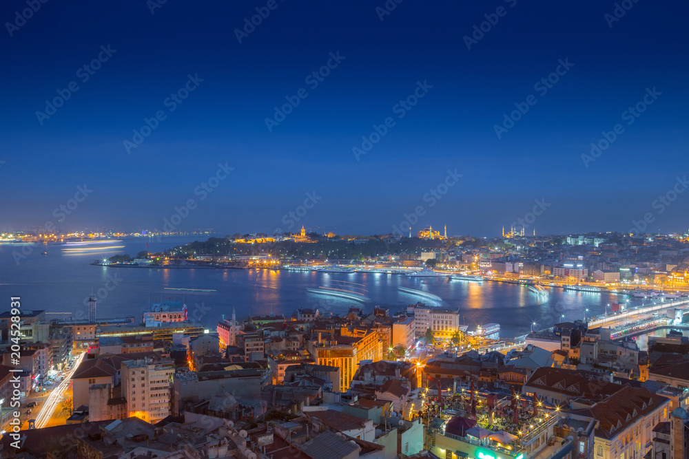 Long exposure panoramic cityscape of Istanbul at a warm calm eve