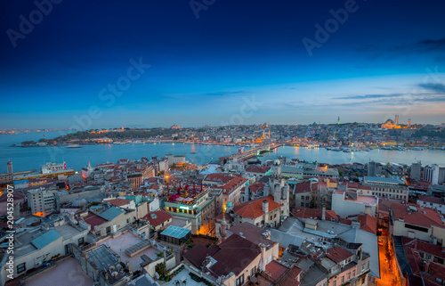 Long exposure panoramic cityscape of Istanbul at a beautiful dramatic clouds sunset from Galata to Golden Horn gulf. View of the wonderful romantic old town at Sea of Marmara. Istanbul. Turkey.