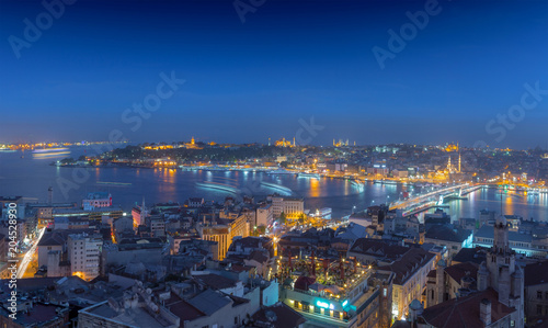 Long exposure panoramic cityscape of Istanbul at a warm calm evening from Galata to Golden Horn gulf. Wonderful romantic old town at Sea of Marmara. Bright light of street lighting. Istanbul. Turkey. © Sodel Vladyslav