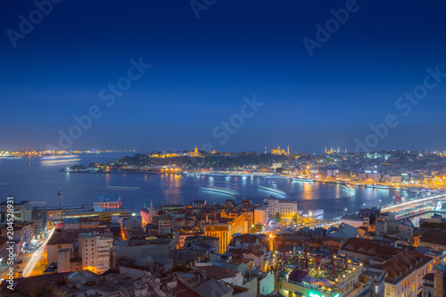 Long exposure panoramic cityscape of Istanbul at a warm calm eve