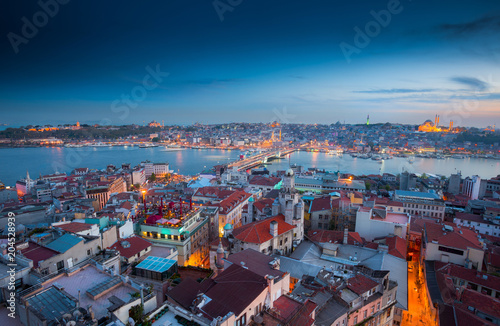 Canvas Print Long exposure panoramic cityscape of Istanbul at a warm calm evening from Galata to Golden Horn gulf