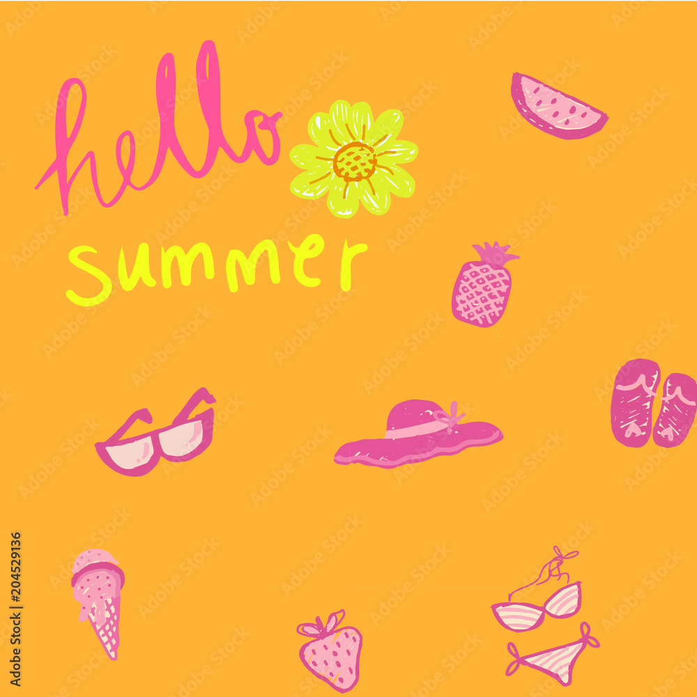 hand drawing doodle pencil pink colour. Summer icon set seamless on orange background with hello summer word hand drawing doodle pencil pink colour. Summer icon set seamless on orange background with hello summer word