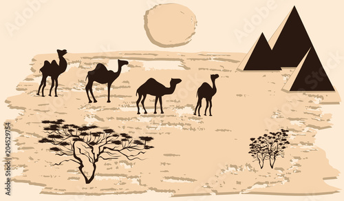 Caravan of camels in the desert, saxaul, pyramid, sun - abstract grunge light beige background - vector art illustration. Travel Poster