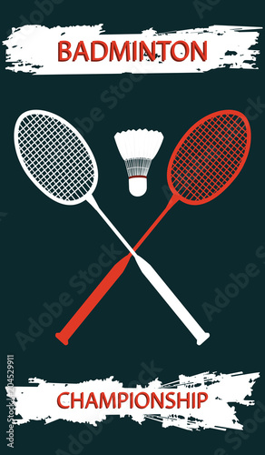 Two rackets for badminton - shuttlecock - brush stroke - art vector illustration. Badminton Championship. Sports Poster