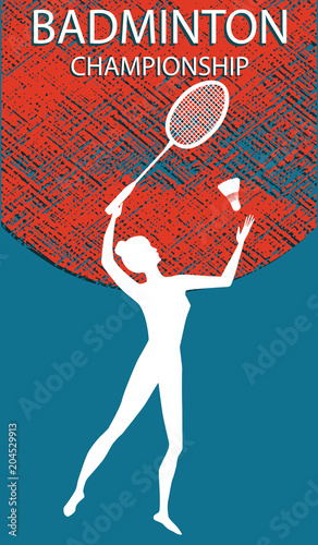 Girl with badminton racket and shuttlecock - grunge element on dark background - art vector illustration. Badminton Championship. Sports Poster
