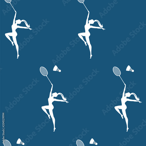 Pattern - girl playing badminton - white on blue background - art vector