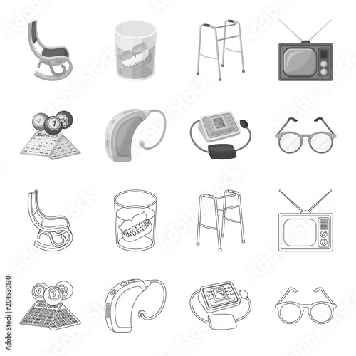 Lottery, hearing aid, tonometer, glasses.Old age set collection icons in outline,monochrome style vector symbol stock illustration web.