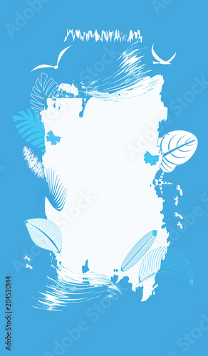 Frame in grunge style - exotic leaves, waves, seagulls - vector art illustration. Element for design. Travel Poster.