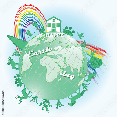 Globe surrounded by silhouettes of animals  trees  flowers  house - bright rainbow - inscription Happy Earth Day - art illustration vector