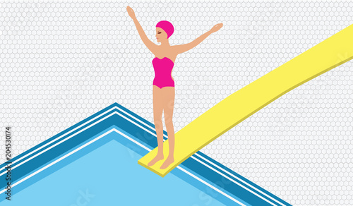 Water sport - Girl in the pool jumping from the springboard - art vector illustration