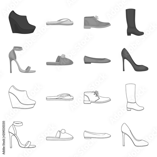 Blue high-heeled sandals, homemade lilac slippers with a pampon, pink women ballet flats, brown high-heeled shoes. Shoes set collection icons in outline,monochrome style vector symbol stock
