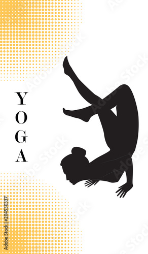 Yoga - Silhouette of a woman - stand on bent hands and with a slope of legs - isolated on white background with abstract yellow elements - art vector