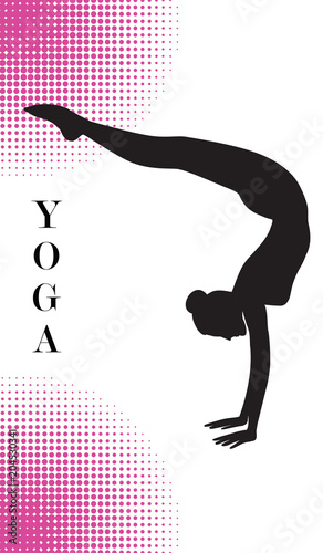 Yoga - Silhouette of a woman - stand on hands with a slope of legs towards the head - isolated on white background with abstract pink elements - art vector
