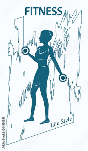 Fitness - Silhouette of woman with dumbbells - isolated on transparent abstract in grunge style against white background.