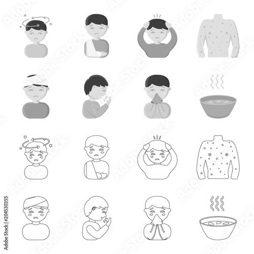 A man with a bandaged head, a man coughing, a man snorts a snot, a bowl, a bowl of hot broth into a handkerchief. Sick set collection icons in outline,monochrome style vector symbol stock illustration