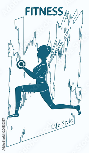 Fitness exercise with dumbbells - female silhouette - isolated on transparent abstract in grunge style against white background.