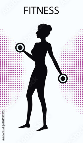 Fitness - Female silhouette - Strength exercises with dumbbells for hands - Isolated on white background with abstract element - art vector