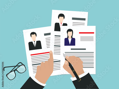 Personnel management - choice of candidate, resume forms with photo, flat style - vector illustration Concept of human resources management