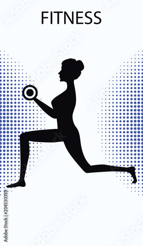 Fitness - female silhouette - squat with dumbbells - isolated on white background with abstract element - art vector