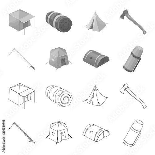 Spinning for fishing, tent, thermos.Tent set collection icons in outline,monochrome style vector symbol stock illustration web.