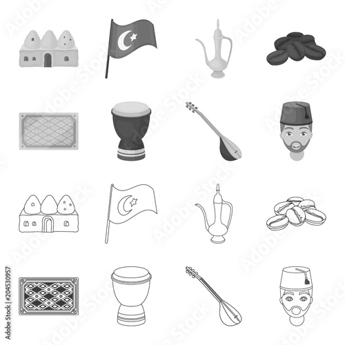 Turkish carpet, saz, drum, turkish men.Turkey set collection icons in outline,monochrome style vector symbol stock illustration web.