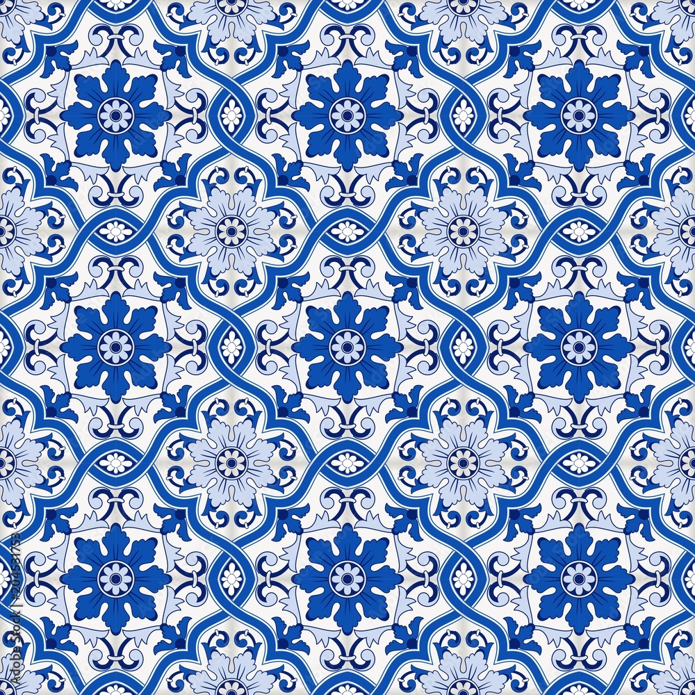 Gorgeous seamless pattern from dark blue and white Moroccan, Portuguese tiles, Azulejo, ornaments. Can be used for wallpaper, pattern fills, web page background,surface textures.
