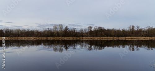 The sky and the forest are reflected in the water.