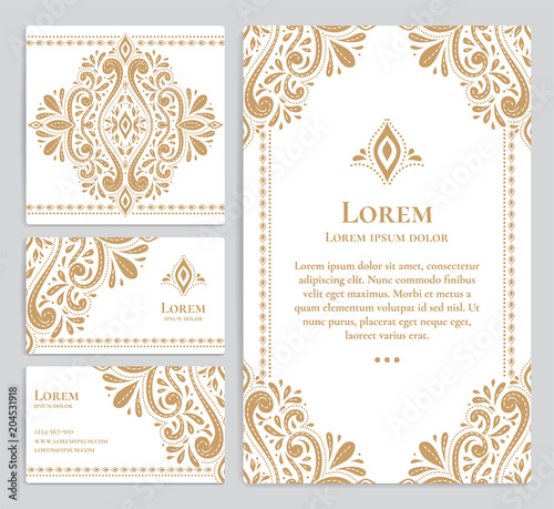 Gold vintage greeting and business card on a white background. Luxury ornament template. Mandala. Great for invitation, flyer, menu, brochure, postcard, background, wallpaper, decoration.