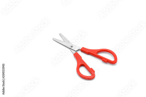 red plastic scissors isolated on white background