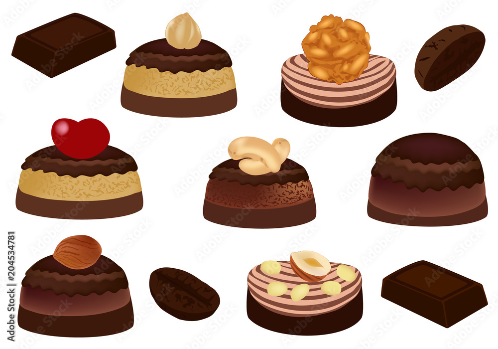 Chocolate and chocolate candies. Sweet dessert isolated on white background. Vector illustration. Chocolate and chocolate candies. Sweet dessert isolated on white background. Vector illustration.