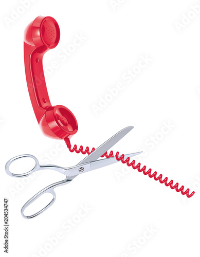 Telephone cord being cut by scissors isolated on white. Realistic vector 3d illustration