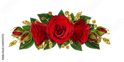 Red rose flowers and glitter decotations in floral line arrangement photo