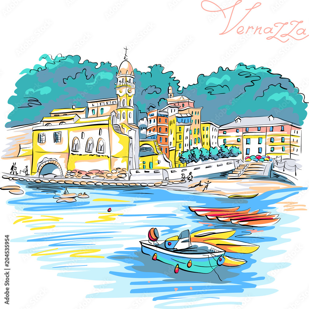Vector hand drawing of colorful houses, boats and church in Vernazza fishing village in Five lands, Cinque Terre National Park, Liguria, Italy.