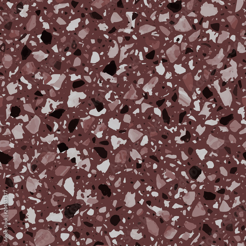Terrazzo flooring vector seamless pattern in dark red colors. Classic italian type of floor in Venetian style composed of natural stone, granite, quartz, marble, glass and concrete