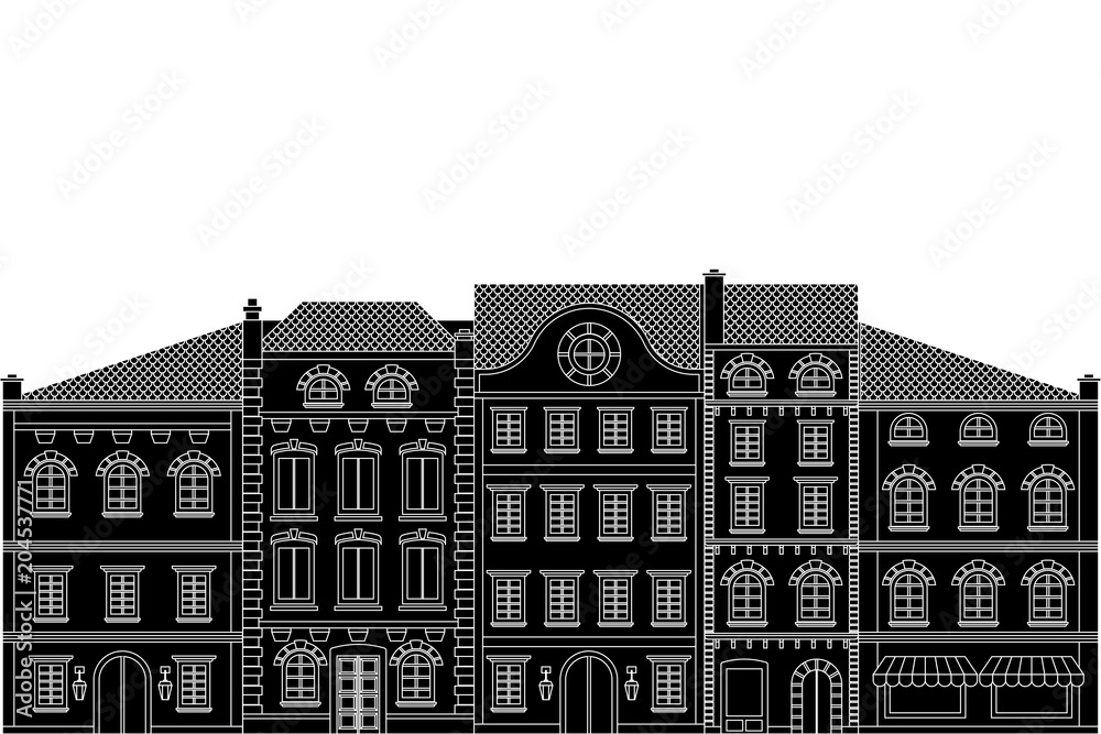 Old european houses in a row. Flat black drawing