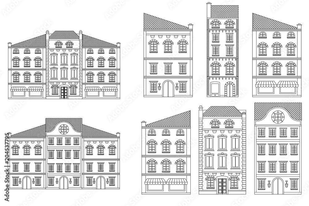 Houses. Old european city street with buildings. Outline drawing