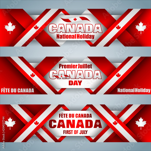 Set of web banners with texts, maple leaf and national flag colors for first of July, Canada day, celebration; Vector illustration
