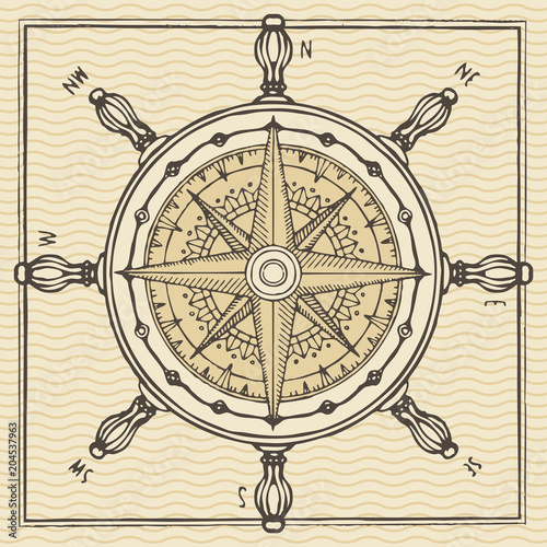 Hand-drawn vector banner with a wind rose, old nautical compass and steering wheel in retro style. Illustration on the theme of travel and discovery on the background with waves