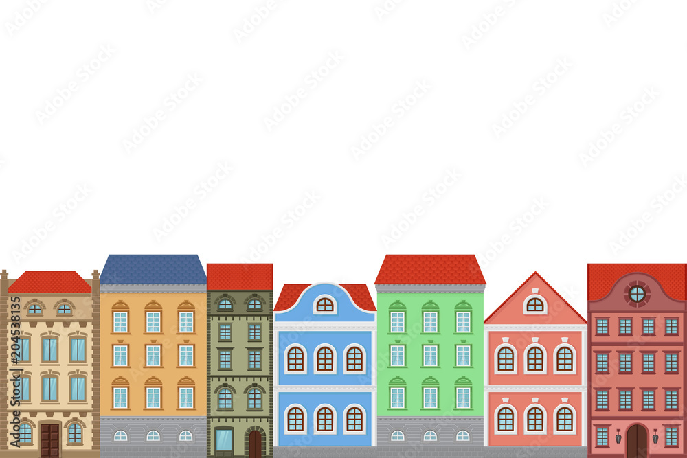 Houses. Combination of old european colored buildings. Flat style