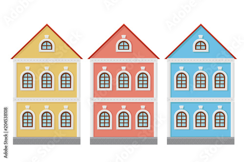 Flat style house. Two-storey colored old european buildings
