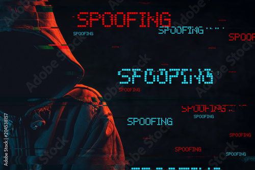 Spoofing concept with faceless hooded male person