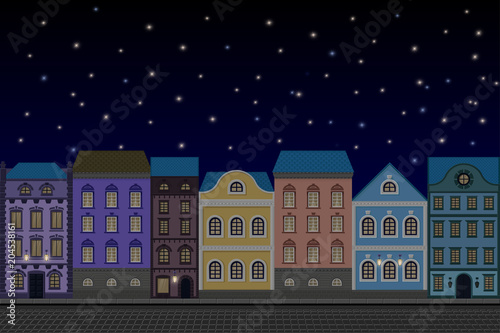 Houses at night. Old european city street with colored buildings. Flat style